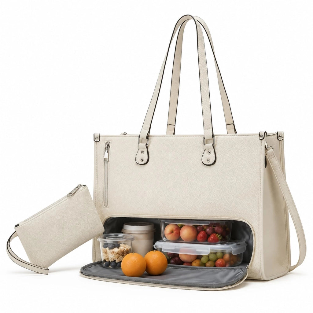 Borsa da pranzo con scomparto termico, tasca per laptop, impermeabile, bianca