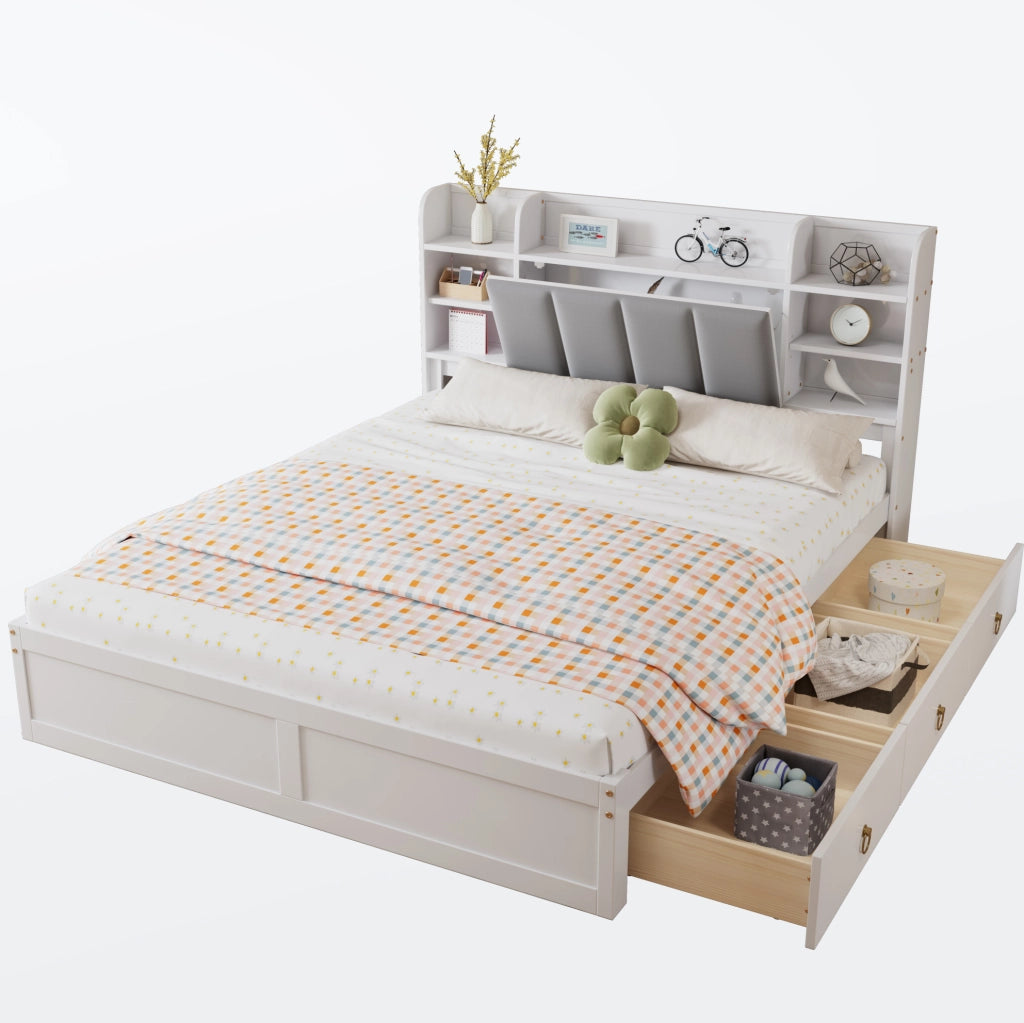 Letto matrimoniale ULEVR 160x200 cm con 3 cassetti su ruote, ripiani aperti e vano nella testiera, bianco