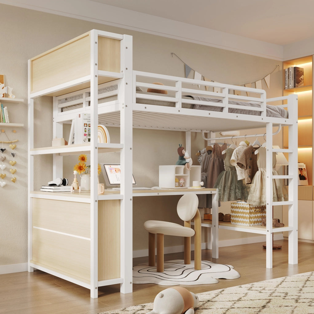 Letto a soppalco 90x200 cm con scrivania, appendiabiti, scaffali e cassettiere, bianco, senza materasso
