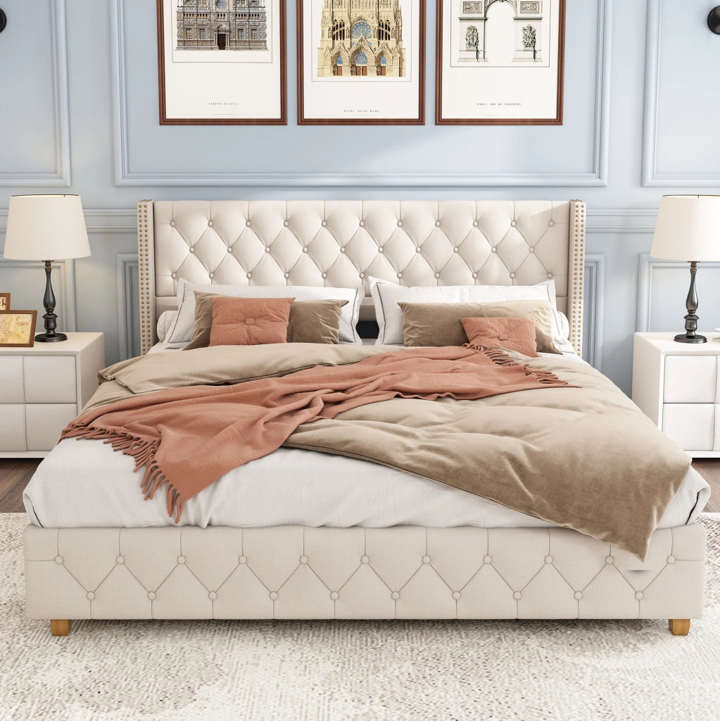 Letto imbottito 140x190 cm con rete a doghe e testiera capitonné in lino beige