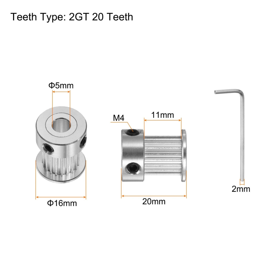 Puleggia per cinghia di trasmissione 2GT, 20 denti, foro di 5 mm, diametro 16 mm, alluminio, confezione da 10 pezzi