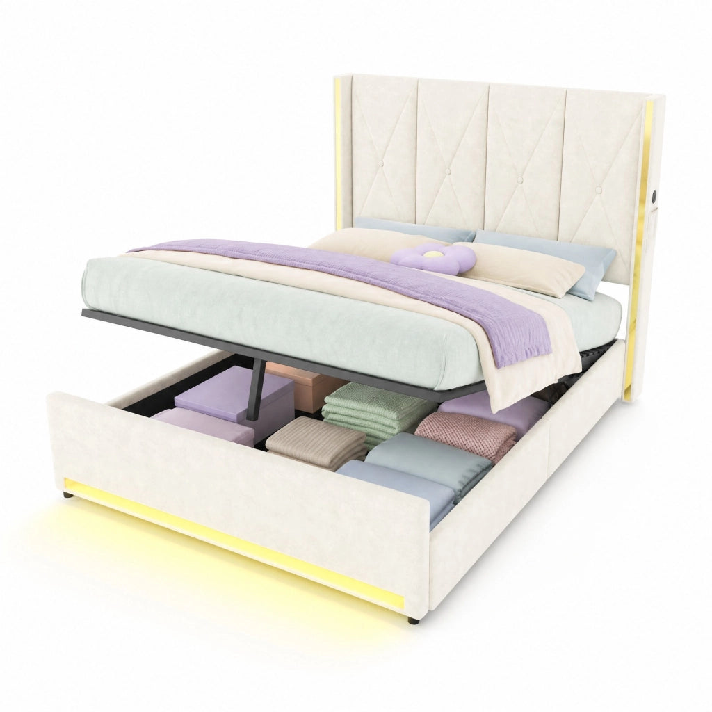 Letto contenitore matrimoniale 160x200 cm; con sollevamento idraulico; porte USB e Type-C; luce LED; in velluto beige; senza materasso