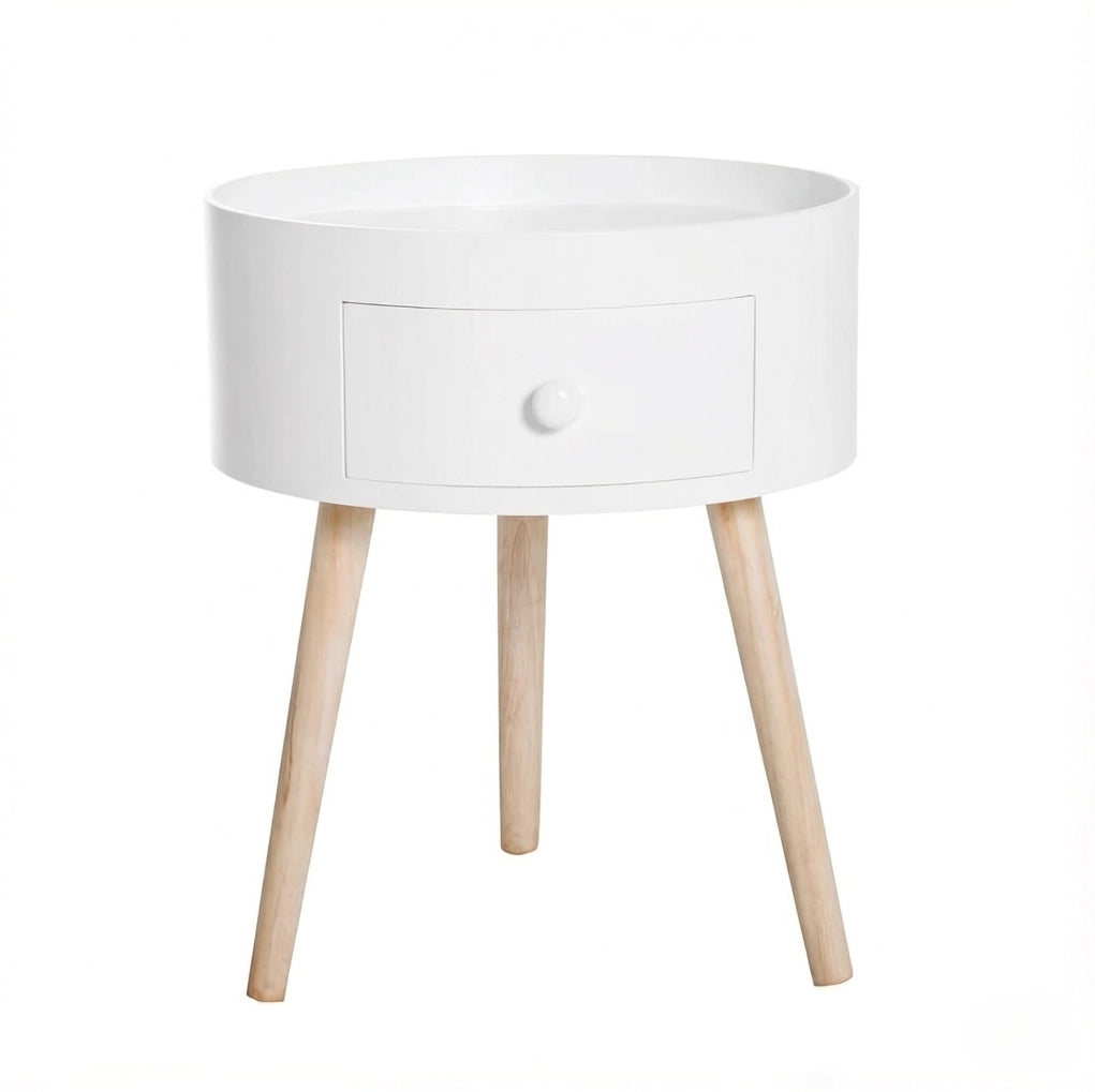 Comodino rotondo con cassetto in legno chiaro e bianco
