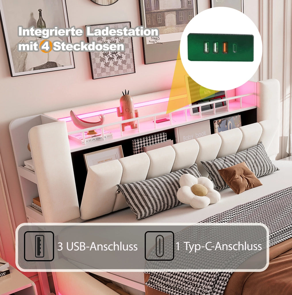 Letto imbottito beige 140 x 200 cm con LED, USB e contenitore idraulico