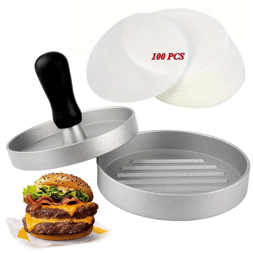 Pressa per hamburger, 12 cm, con 100 fogli di carta da forno, in alluminio pressofuso, ideale per hamburger succosi, polpette, barbecue e grigliate