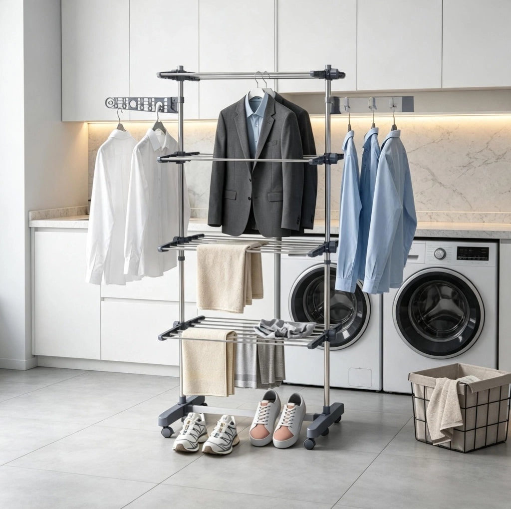 Stendibiancheria pieghevole grigio con ruote e 4 ripiani