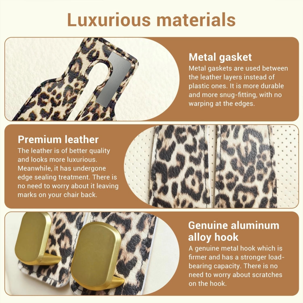 Set di 2 ganci per poggiatesta per auto, motivo leopardo, ecopelle, con doppio gancio