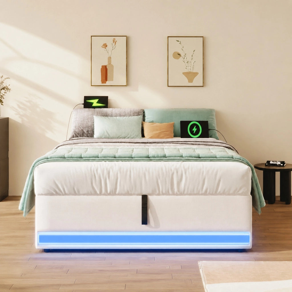 Letto imbottito 90x200 cm in lino con LED, porte USB e Type-C, contenitore idraulico, beige