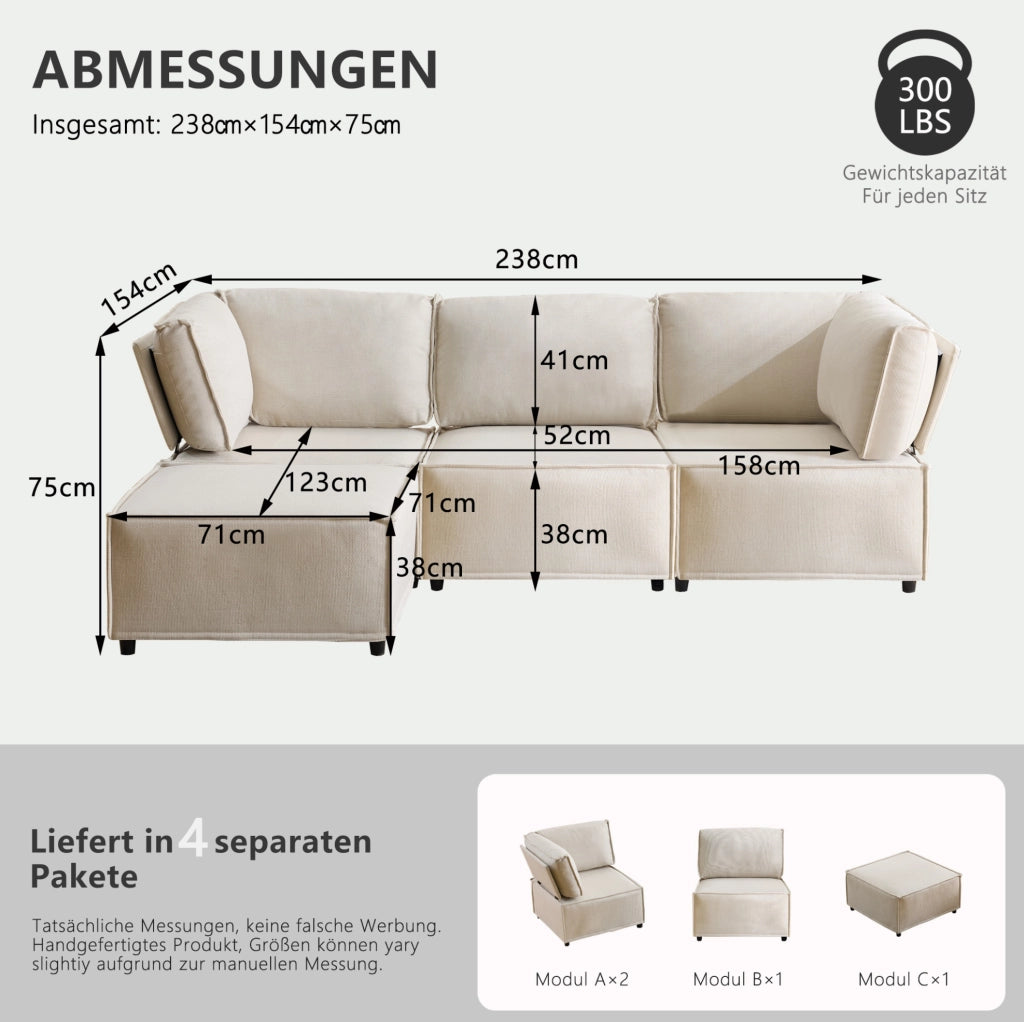 Divano modulare beige a U con poggiapiedi, 238 × 154 × 75 cm