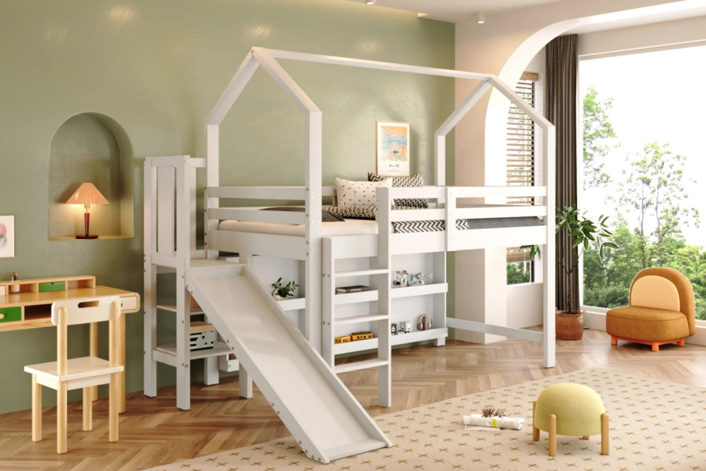 Letto singolo per bambini 90 × 200 cm con rete a doghe scivolo scale contenitori e ripiani in legno bianco
