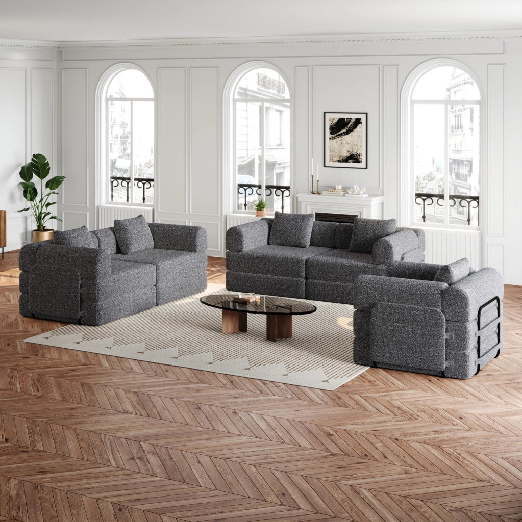 Divano letto singolo modulare con contenitore nel bracciolo e cuscini inclusi in tessuto chenille grigio