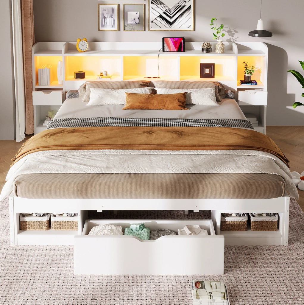 Letto 180 x 200 cm bianco con contenitori, 3 cassetti e LED