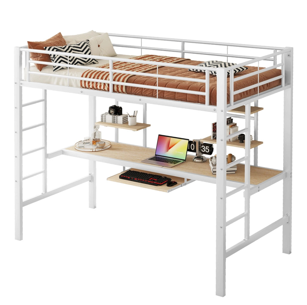Letto a soppalco in metallo bianco 90x200 cm con scrivania e scaffali integrati