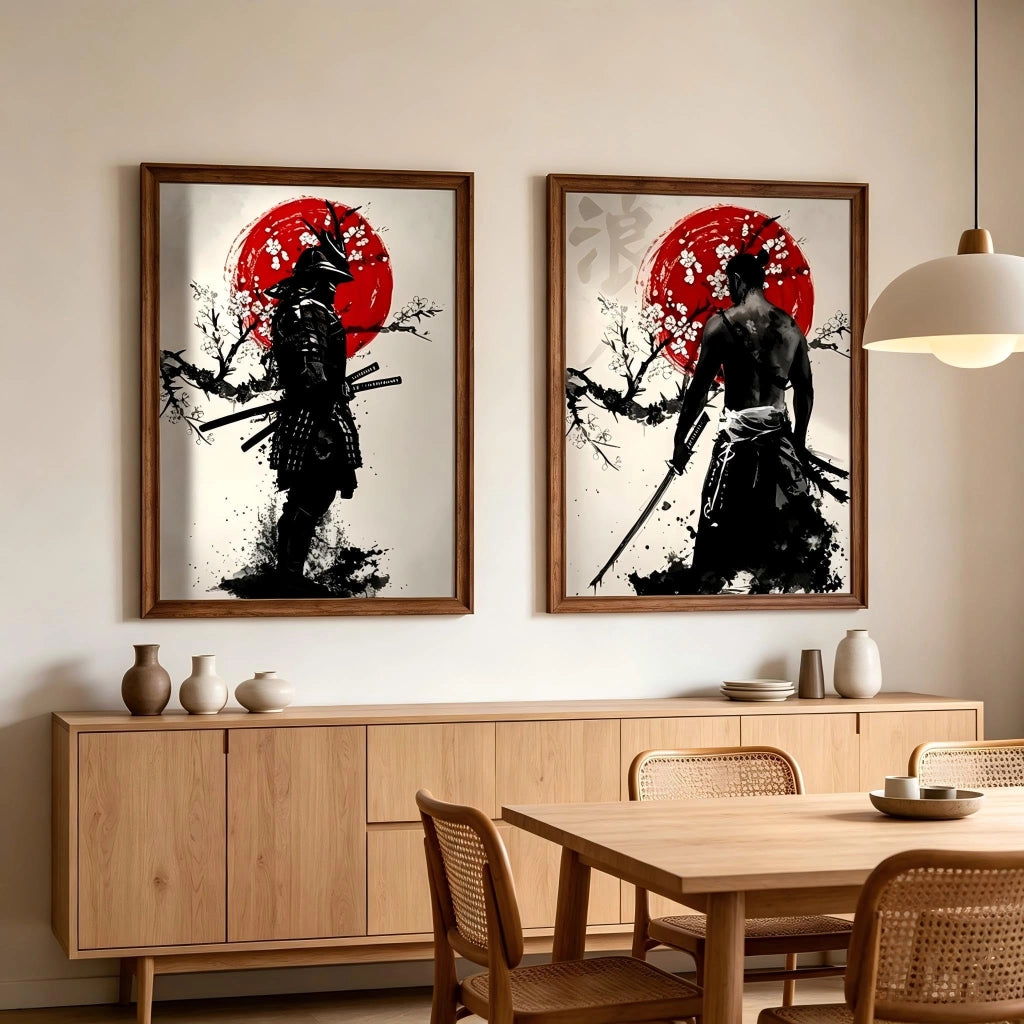 Set di 3 poster a tema samurai, formato 60x90 cm, su tela, senza cornice