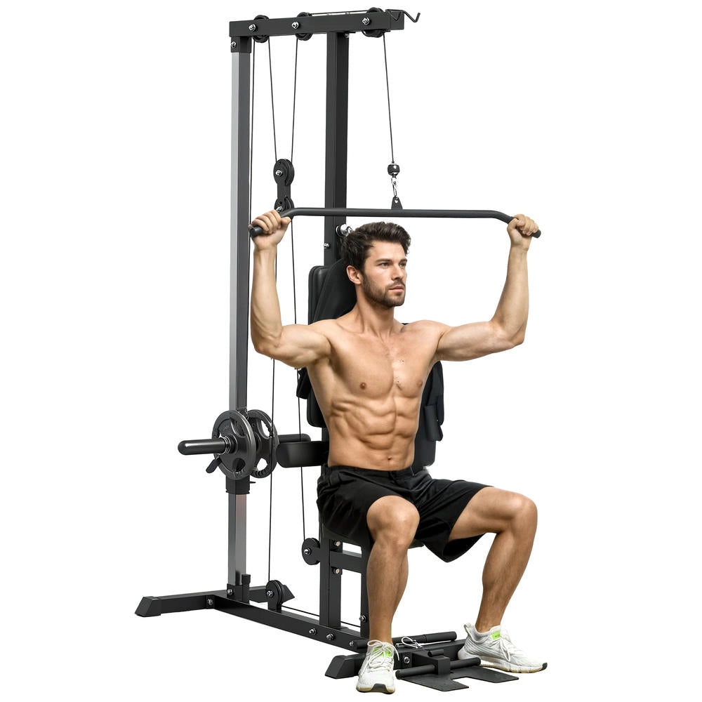 Stazione multifunzione lat machine per casa, attrezzo fitness in acciaio ed ecopelle per trazioni e rematore, regolabile e robusto, nero