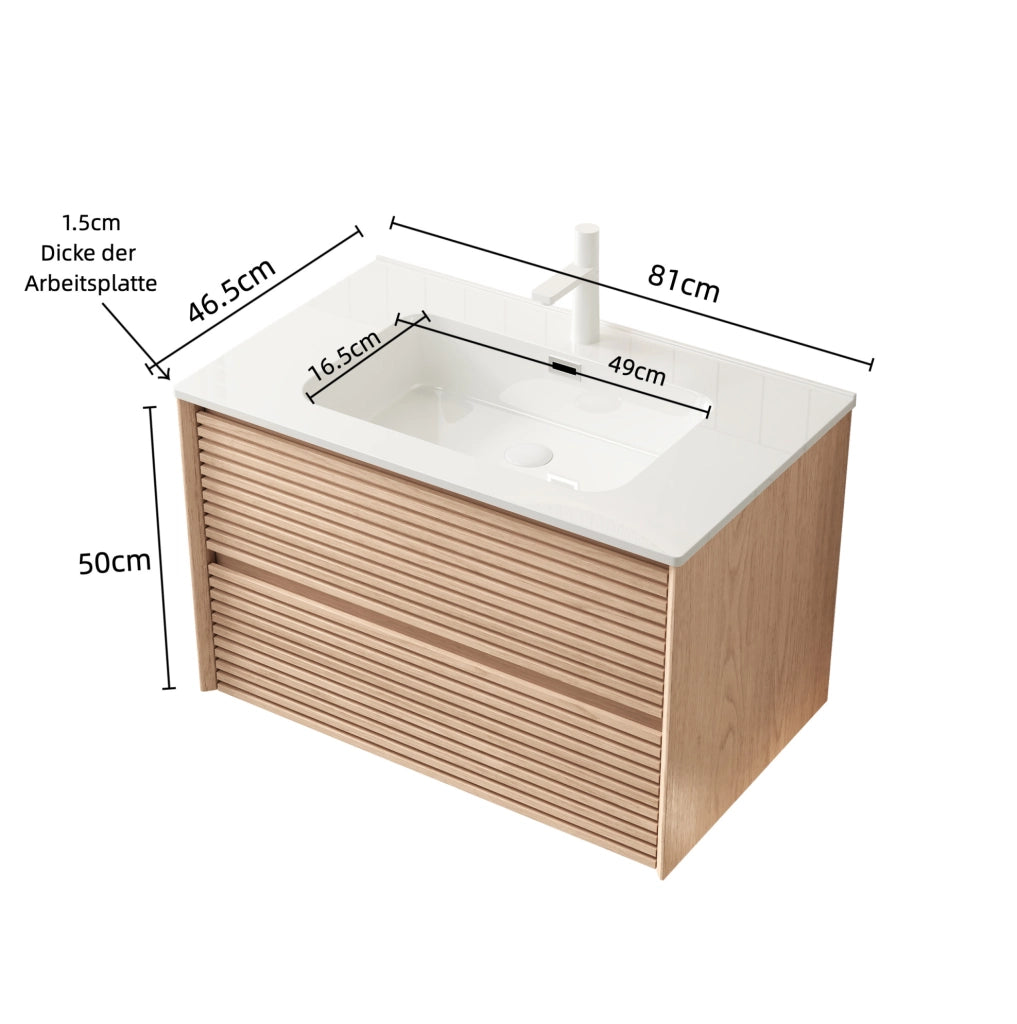 Mobile lavabo bagno sospeso 81 cm ceramica bianca e compensato noce, 2 cassetti