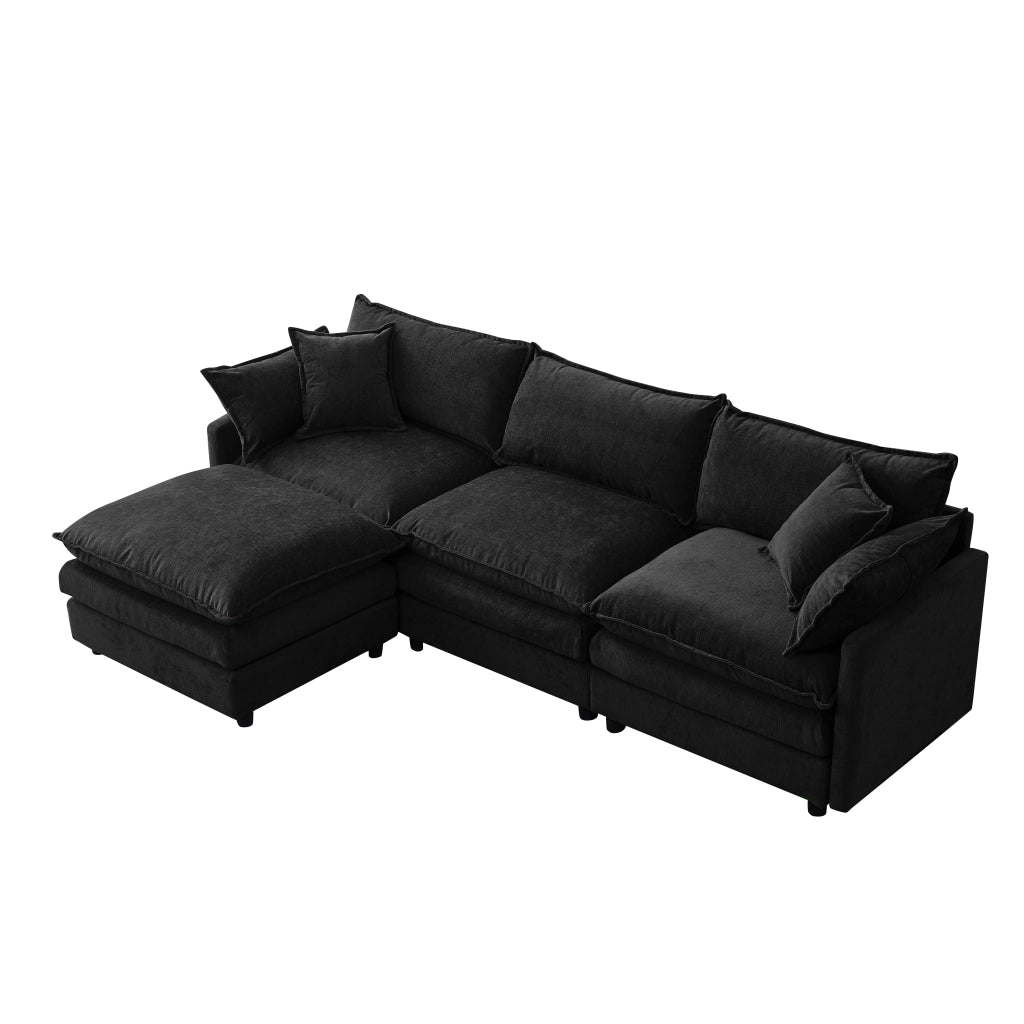 Divano angolare modulare 3 posti con pouf mobile e cuscini sfoderabili, struttura in legno, in ciniglia nera