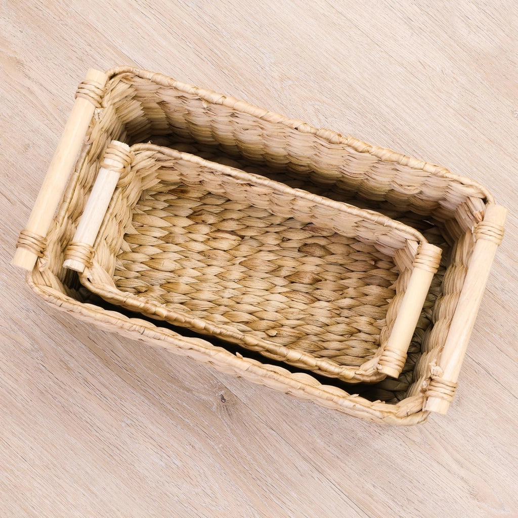 Cesto portaoggetti in ippoporo con manici in legno, dimensioni 37x22x20 cm