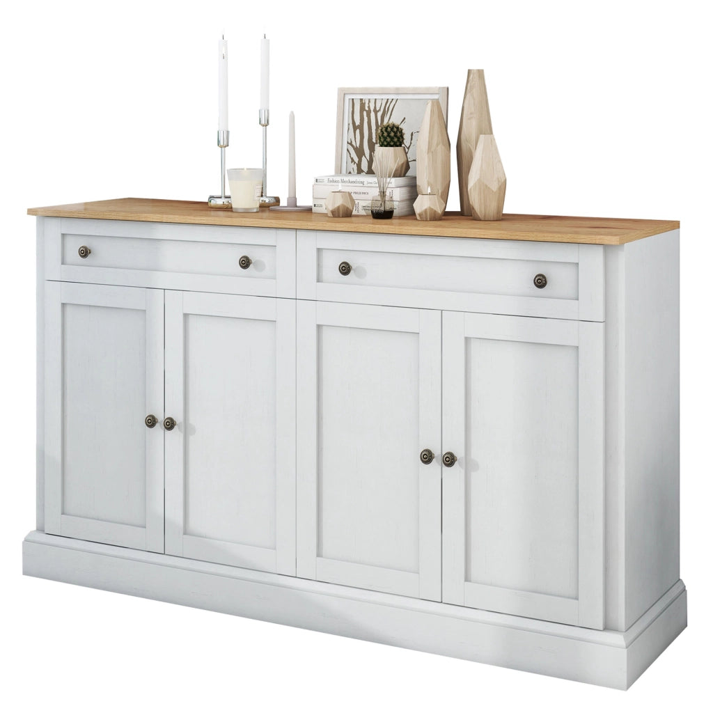 Credenza 150 × 40 × 86 cm con 4 ante 2 cassetti e ripiani regolabili in MDF e truciolato bianco e legno naturale