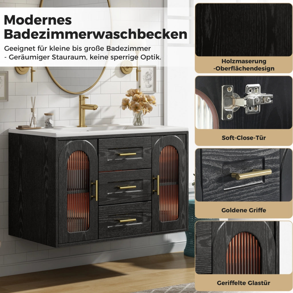 Mobile bagno sospeso 76 cm con lavabo in ceramica, finitura effetto legno nero, ante in vetro scanalato, illuminazione LED integrata