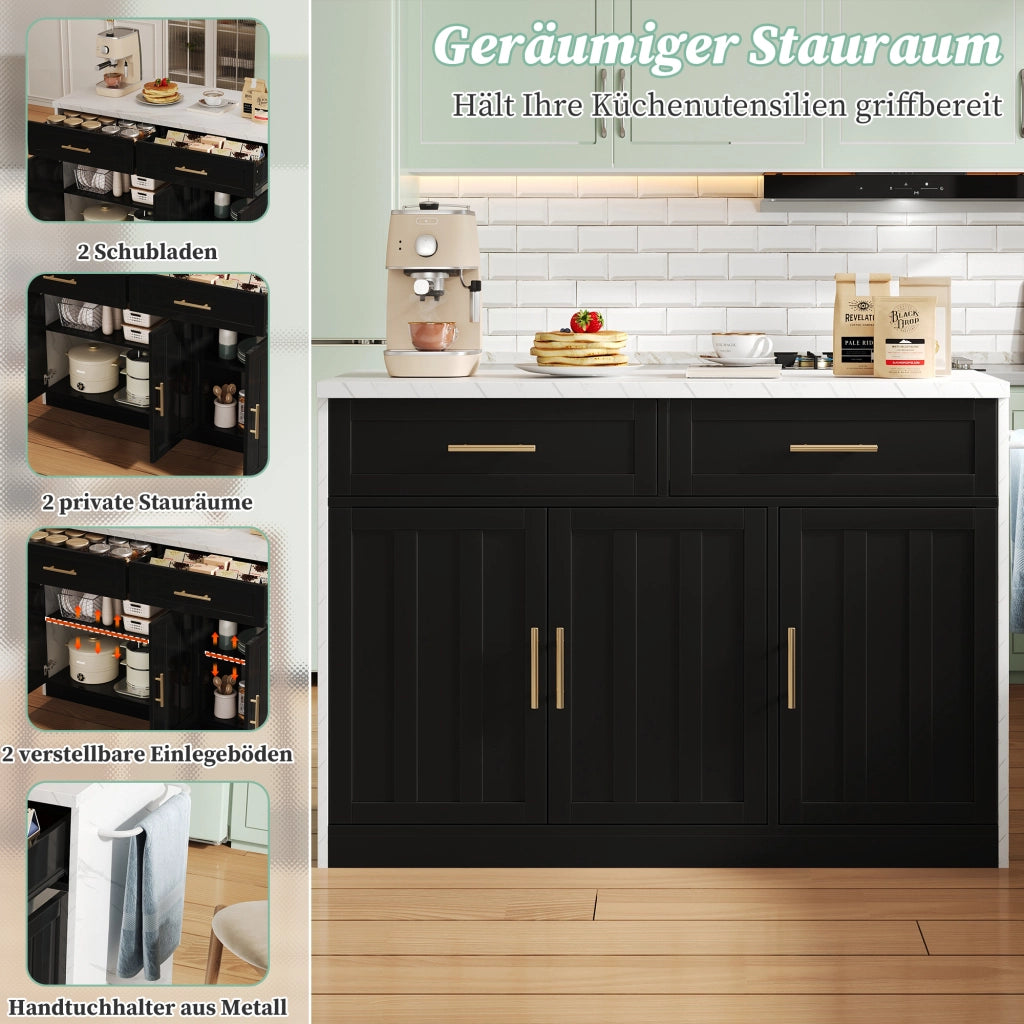 Isola cucina 120x60x91 cm con bancone; prese e USB; cassetti e ripiani regolabili; MDF nero