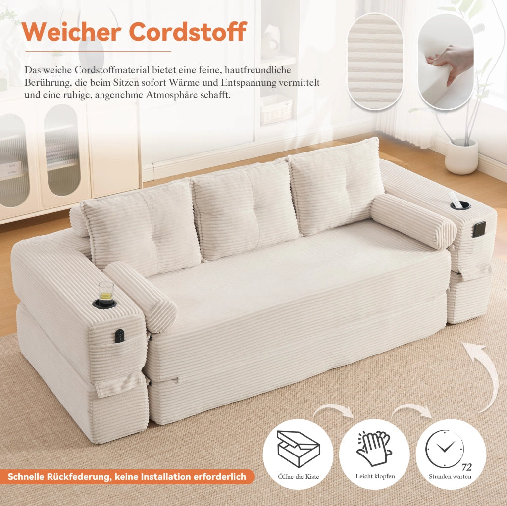 Divano letto pieghevole in velluto a coste beige con portabicchieri
