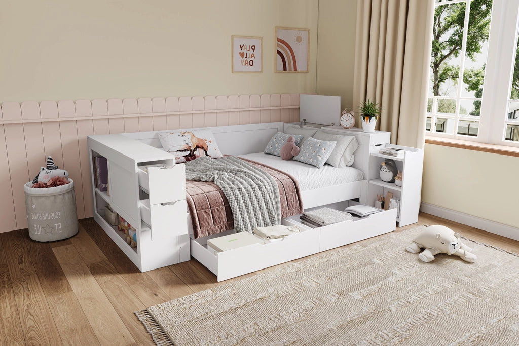 Letto singolo per bambini con cassetti e spazio contenitore, 90 x 190 cm, bianco, materasso non incluso