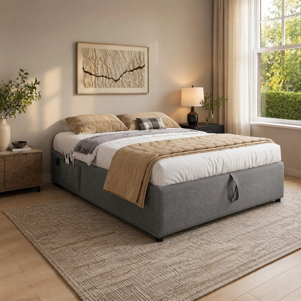Letto imbottito matrimoniale 140x200 cm grigio con struttura in metallo, legno massello e rivestimento in cotone, con ricarica USB-C integrata, senza testiera
