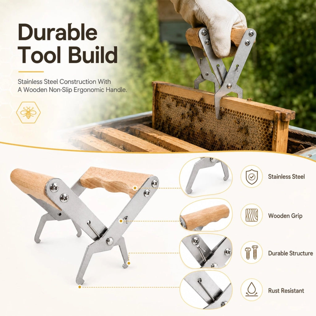 Supporto per sollevare i telaini delle api, in acciaio inossidabile, portatile, con manico in legno