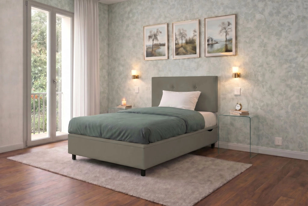Letto Singolo Contenitore Imbottito 80x200 cm Similpelle Cappuccino BoxMax Testata Button