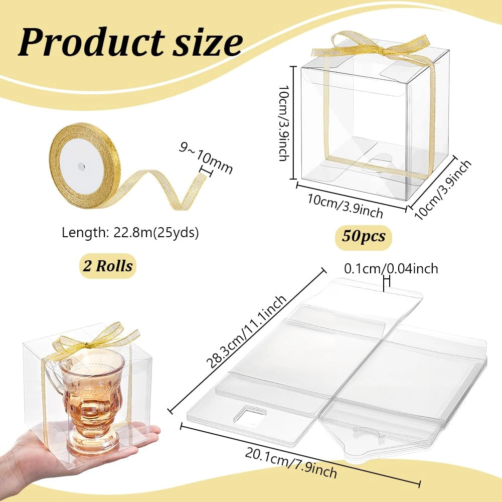 50 scatole regalo trasparenti, dimensioni 10x10x10 cm, con nastro dorato