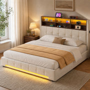 Letto in velluto 180×200 cm con testiera multifunzionale, 6 scomparti, LED, USB-C, meccanismo idraulico e grande contenitore protetto dalla polvere