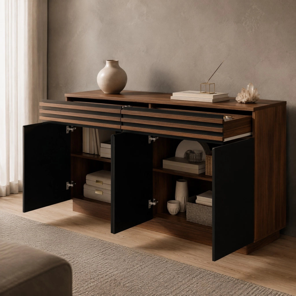 Credenza 150x40x85 cm in MDF marrone e nero con 2 cassetti e 4 ante