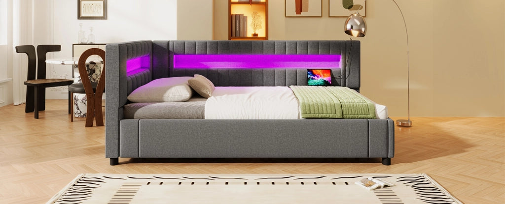 Divano letto 90x200 cm in lino grigio con LED, porta USB + Type-C e contenitore idraulico, senza materasso