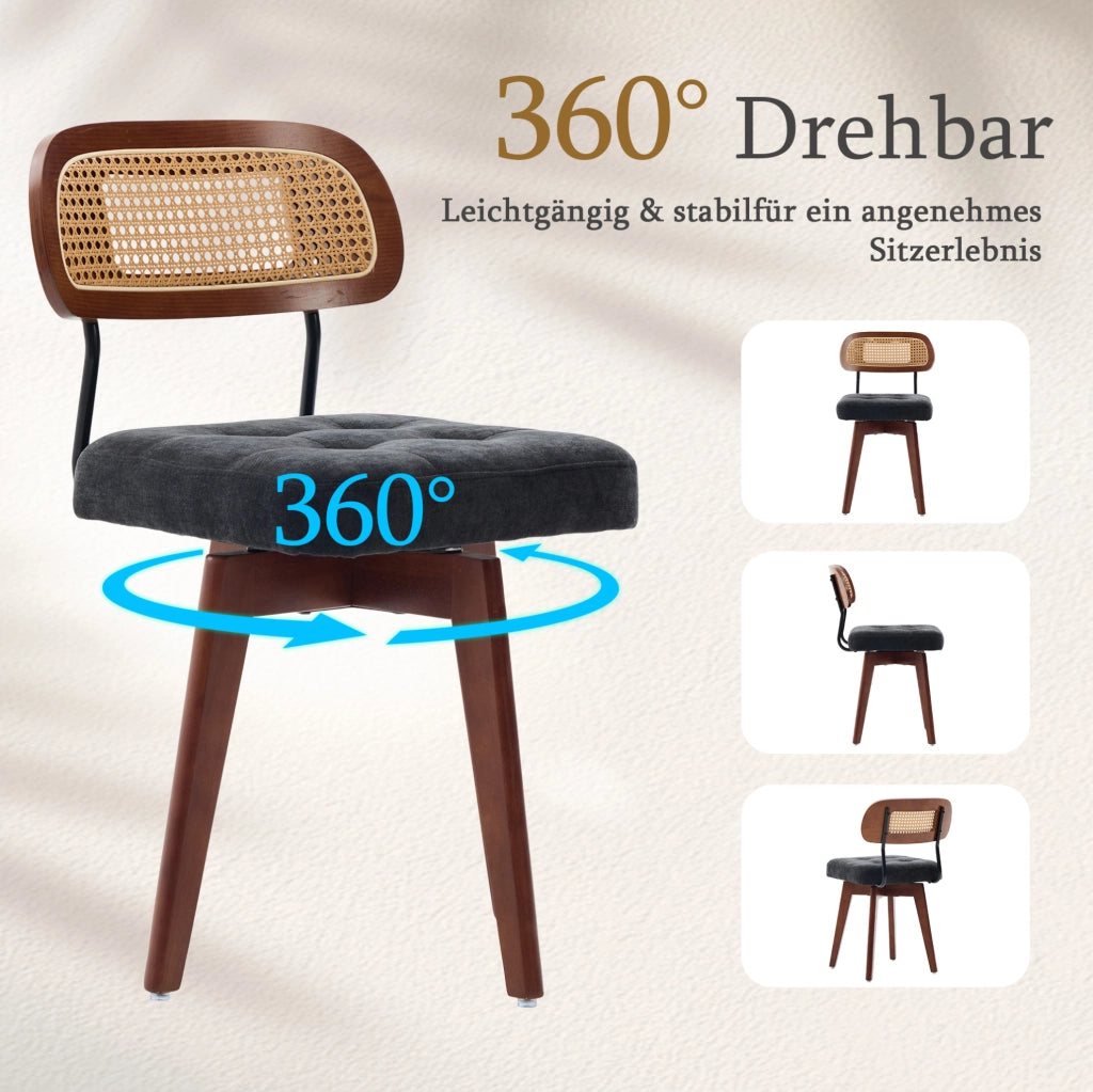 Sedia girevole a 360° in ciniglia nera con schienale in rattan
