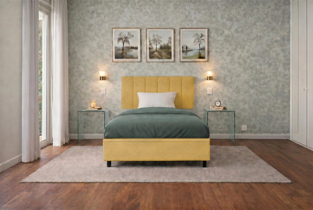 Letto Singolo Contenitore Imbottito 80x190 cm Microfibra Ocra BoxMax Testata Vertical
