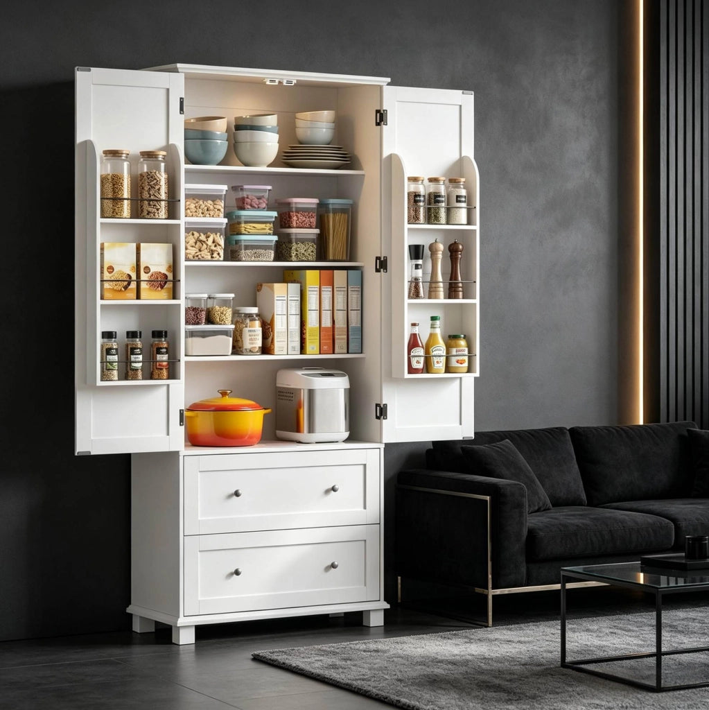 Credenza da cucina bianca con ripiani regolabili e vani portaoggetti