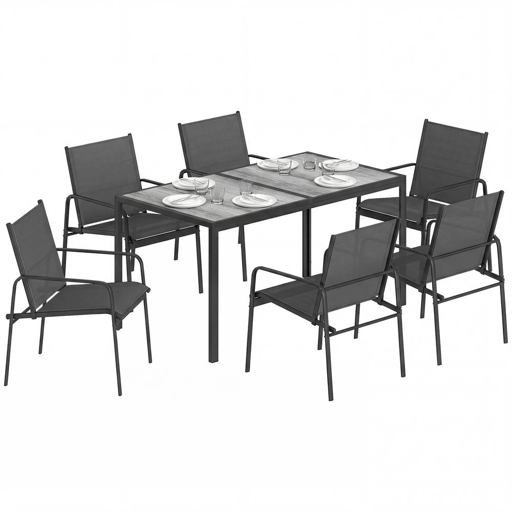 Set da Giardino con Tavolo 150 x 80cm Effetto Legno e 6 Sedie Traspiranti Struttura in Acciaio Robusto Salotto Pranzo Esterno Nero