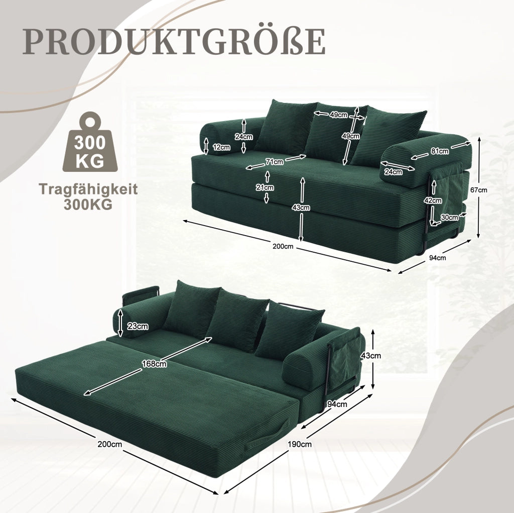 DIVANO Modulare 200x94x67 cm Velluto a Coste Verde Smeraldo con 3 Cuscini