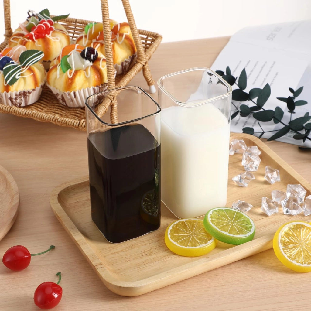 Set di 2 bicchieri quadrati, capacità 400 ml, in vetro borosilicato, trasparenti