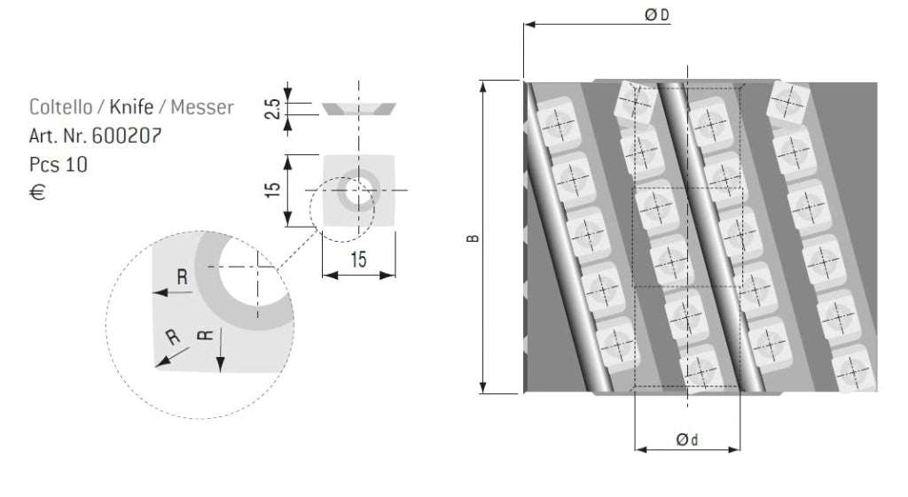 Componenti di dimensioni 15x15x2,5 mm, con angolo di 30° e raggio R150, per teste di taglio a spirale