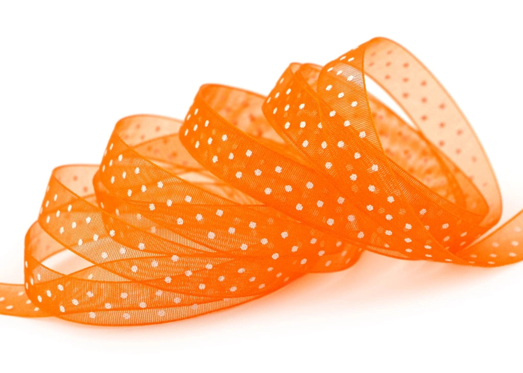 Nastro decorativo in chiffon, color arancione a pois, 20 metri x 10 mm
