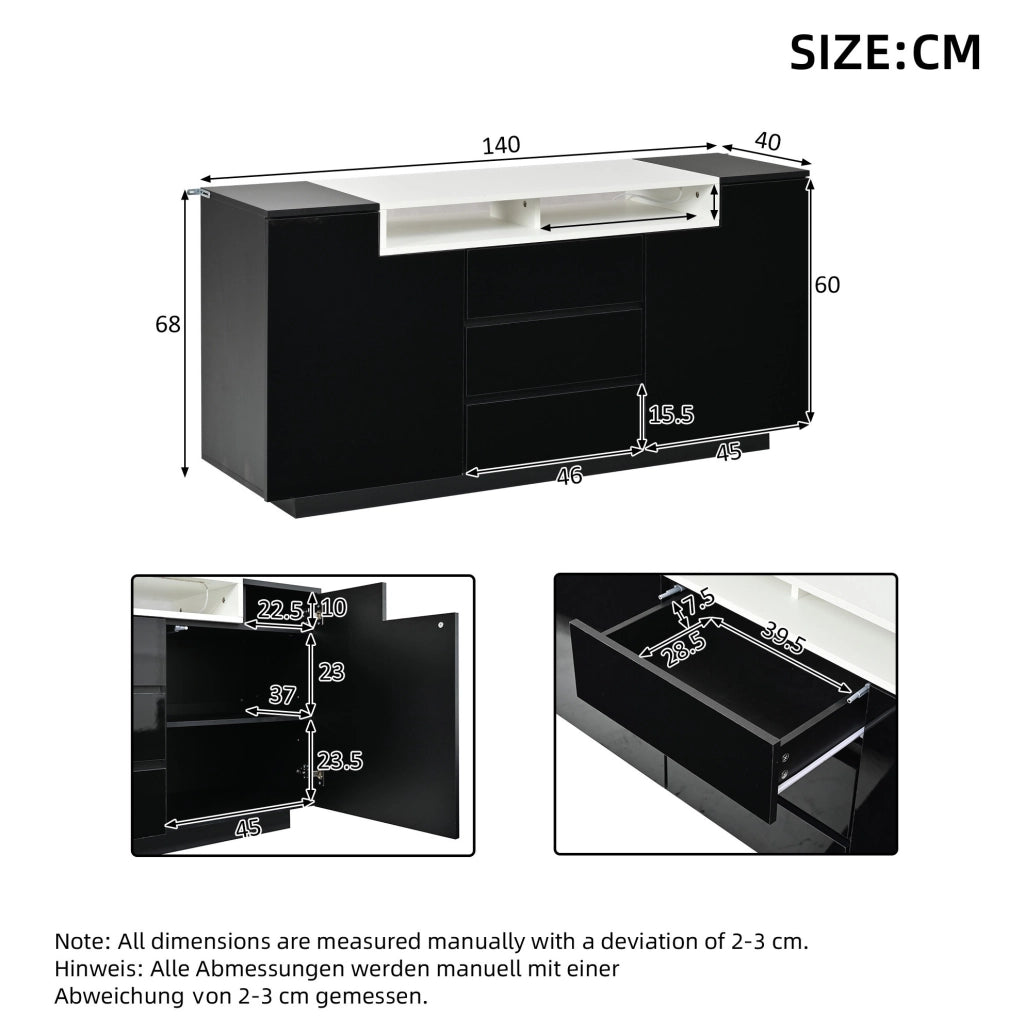 Credenza nera lucida 140 x 40 x 68 cm con cassetti e luci LED