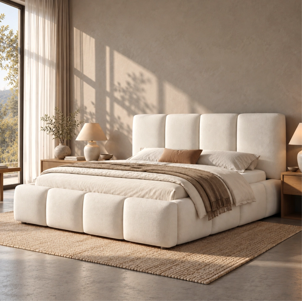 Letto matrimoniale 160 x 200 cm in bouclé bianco con contenitore e rete a doghe