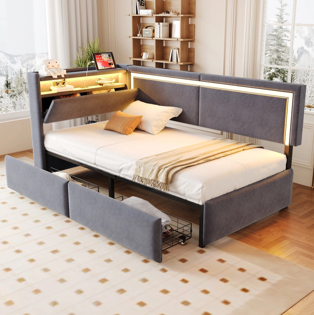 Divano letto singolo 90x200 cm con LED; USB; contenitore e cassetti in velluto grigio scuro