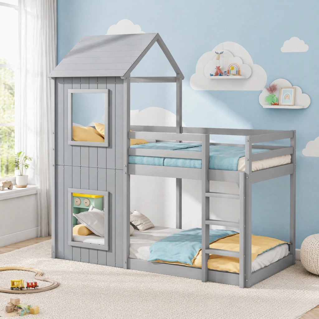 Letto a castello per bambini 90 × 200 cm in legno di pino grigio con scala e sponde di sicurezza