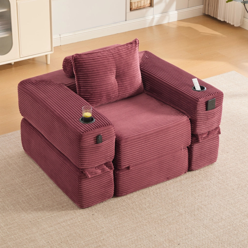 Divano letto pieghevole IVMEU 122 cm in velluto a coste rosso vino, con braccioli rimovibili e portabicchieri