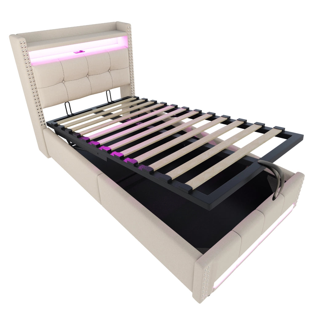 Letto singolo imbottito 90 × 200 cm con contenitore idraulico USB LED in tessuto di lino beige