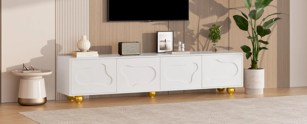 Mobile TV in legno laminato bianco caldo 180x40x45 cm con 2 armadietti e 5 piedi, porta TV a forma di nuvola per TV fino a 75 pollici