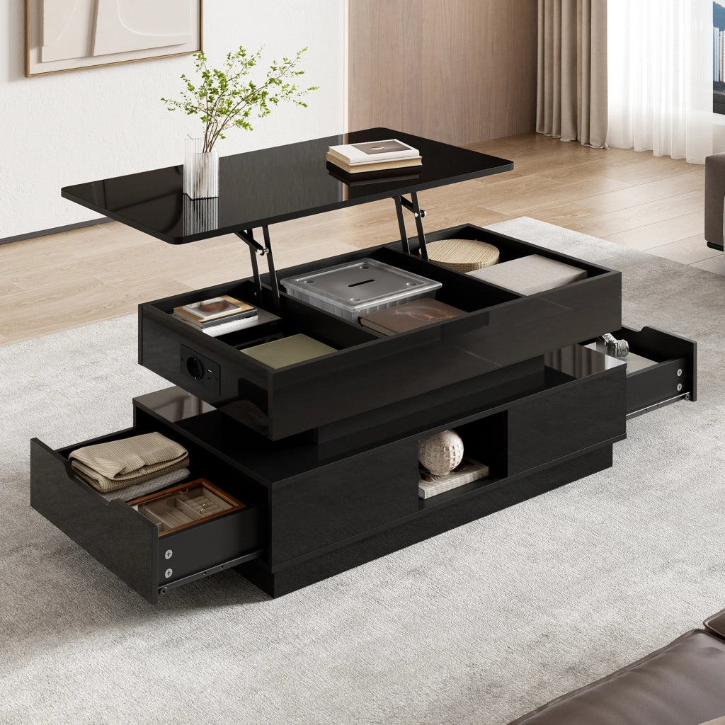 Tavolino da salotto 90 × 48 × 42,5 cm regolabile in altezza MDF nero con LED presa cassetti e vani aperti